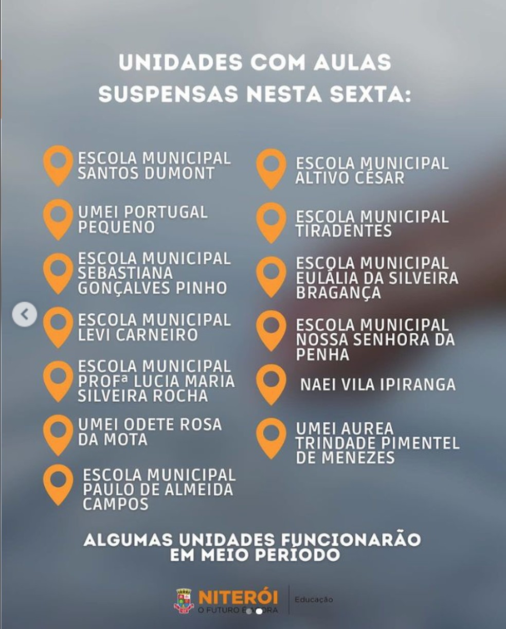 Prefeitura de Niterói suspende as aulas em parte da rede municipal de ensino por conta da suspensão do fornecimento de água — Foto: Reprodução/Instagram