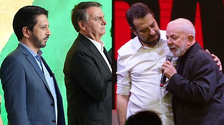 Nunes e Bolsonaro (à esq.); Boulos e Lula: disputa em SP terá rivais de 2022 em palanques opostos