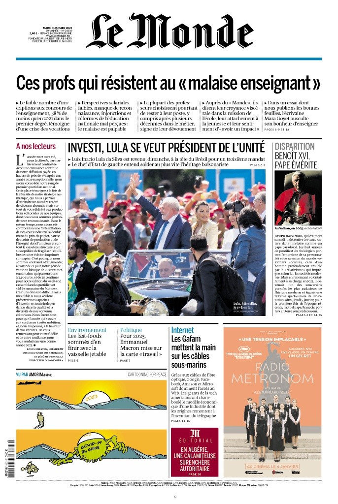 Jornal francês 'Le Monde' destaca a posse de Lula — Foto: Reprodução