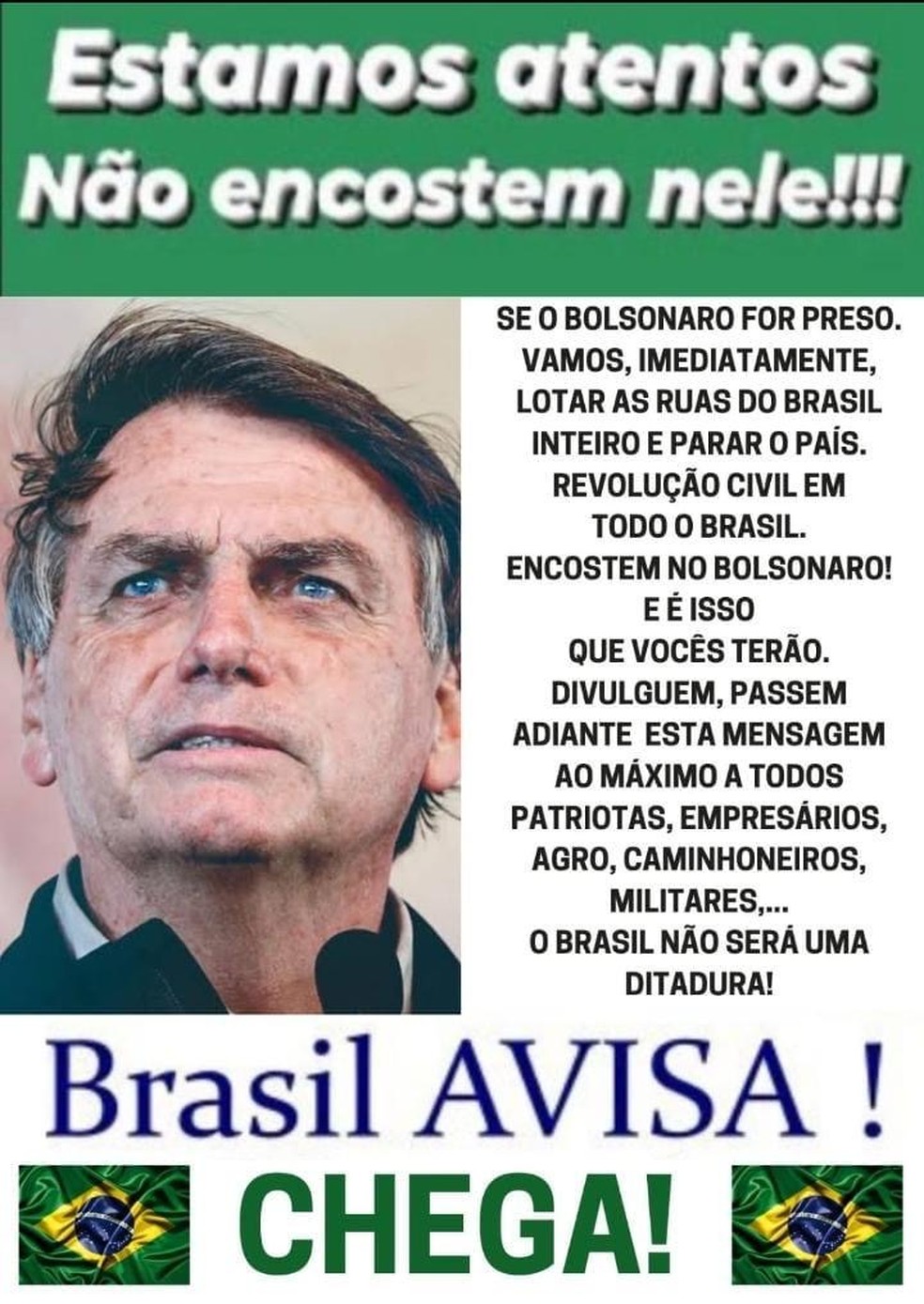 Montagem bolsonarista que viralizou em grupos de WhatsApp sugere que prisão de ex-presidente seria acompanhada de 'revolução civil' — Foto: Reprodução