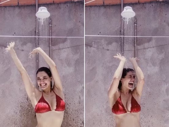 Beatriz, do 'BBB' 24, toma banho de chuveiro na laje da casa onde mora com a família, em São Paulo