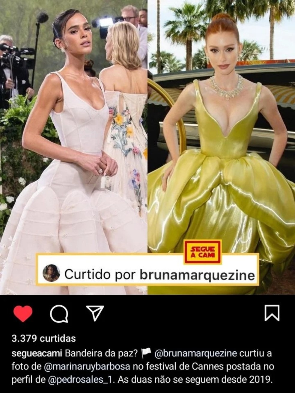 Bruna Marquezine curtiu posts do stylist Pedro Sales mostrando looks de Marina Ruy Barbosa em Cannes — Foto: Getty Images/Reprodução Instagram