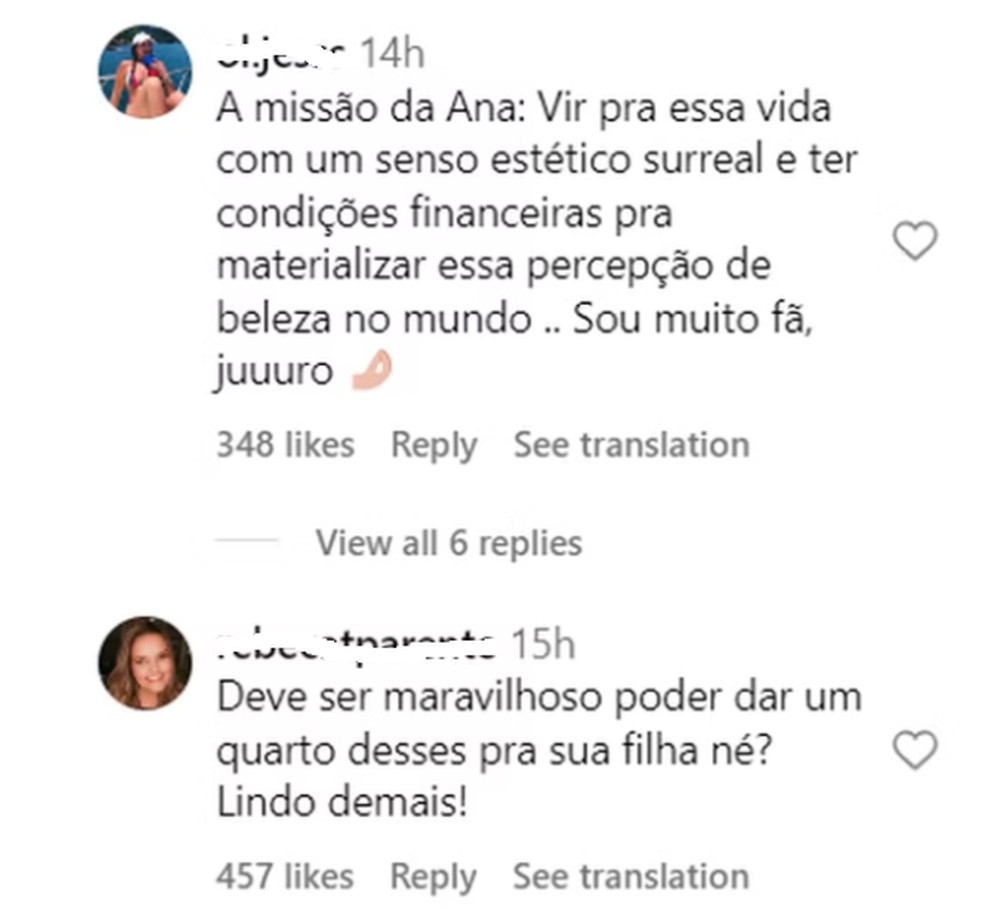 Comentários em postagem de Ana Paula Siebert sobre quarto da filha — Foto: Reprodução/Instagram