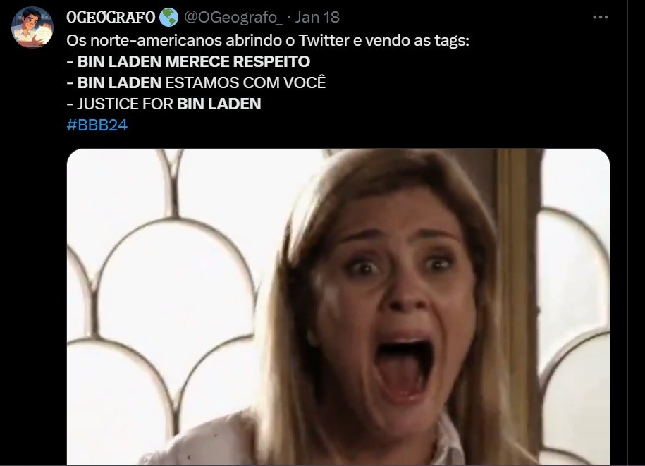 A web também brincou com o nome artístico de MC Bin Laden e as reações dos gringos ao verem o funkeiro entre os assuntos mais comentados das redes — Foto: Reprodução/Twitter