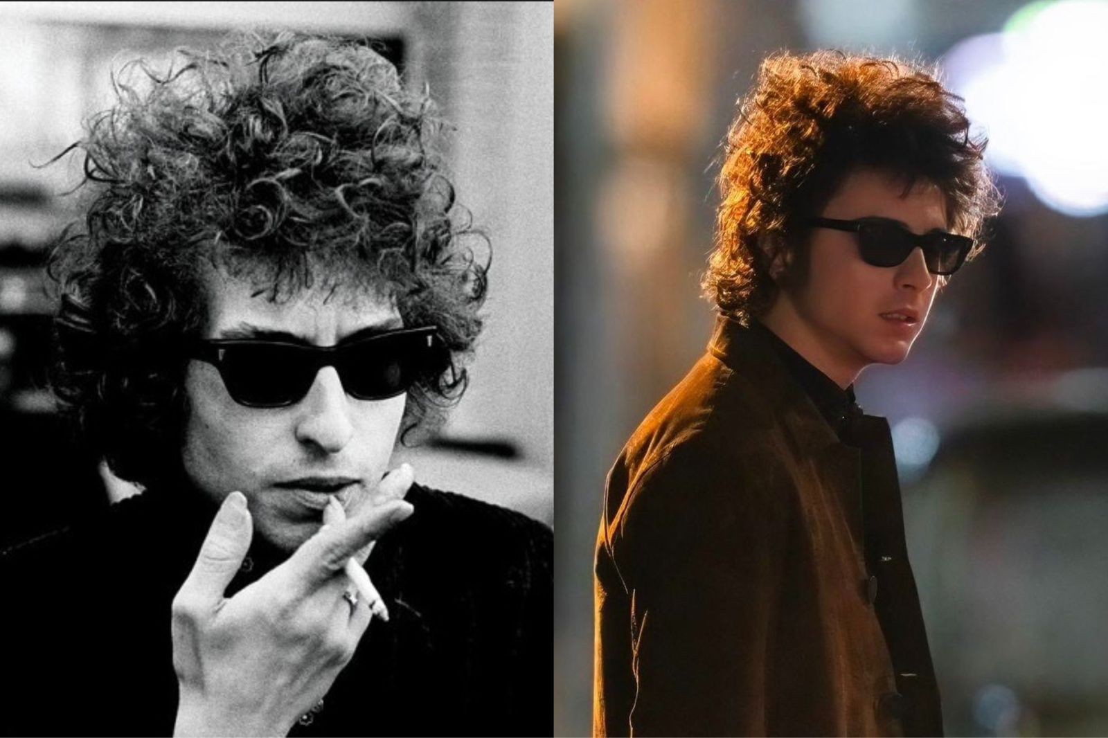 Bob Dylan e o ator Timothée Chalamet, já caracterizado como o músico — Foto: Reprodução