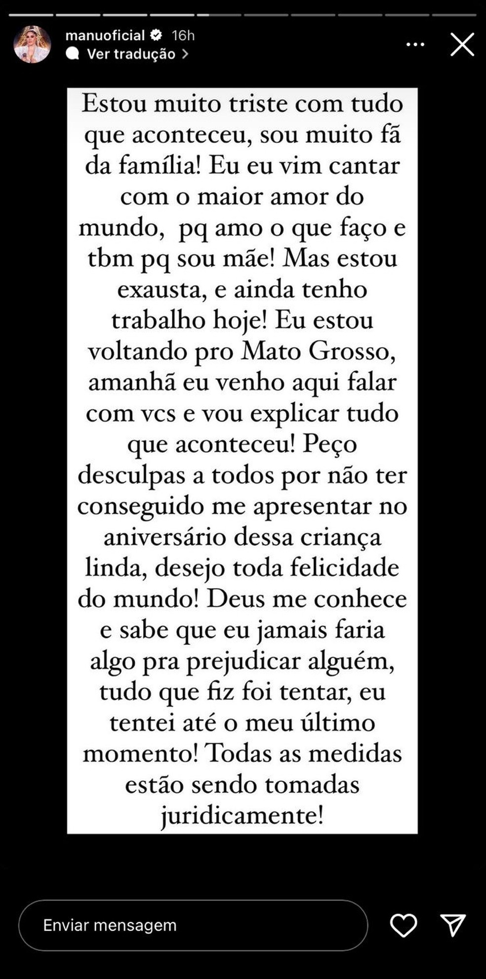 Cantora Manu Bahtidão fez um breve pronunciamento em seu perfil no Instagram, após polêmica com Viih Tube durante a festa de aniversário da filha da influenciadora com o ex-BBB Eliezer — Foto: Captura de tela