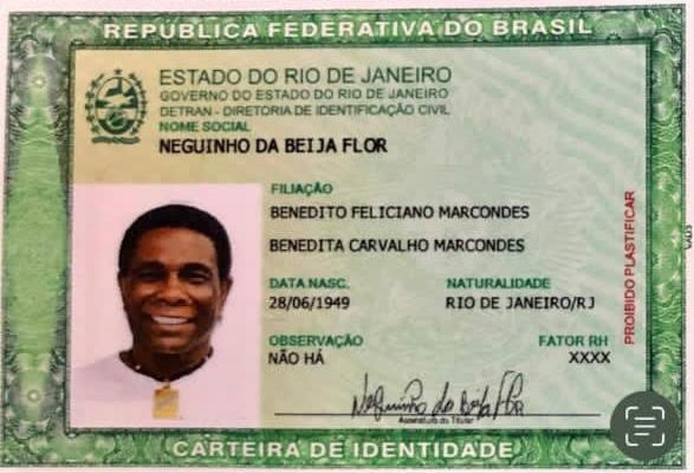 Identidade de Neguinho da Beija-Flor com o apelido incorporado — Foto: Divulgação