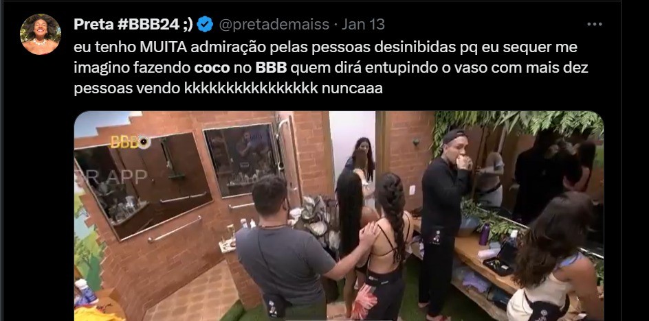 Após um dos participantes entupir o vaso e interditar o banheiro do "BBB" 24 o assunto tomou conta das redes sociais — Foto: Reprodução/Twitter