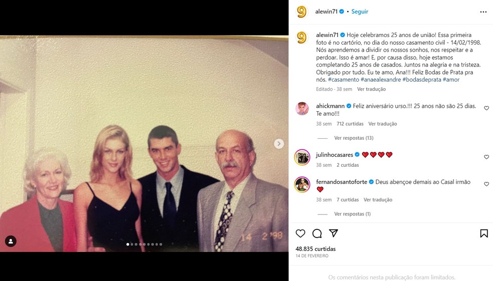 Alexandre Correa celebra os 25 anos de casamento com Ana Hickmann com foto rara da cerimônia no civil, em 1998 — Foto: Reprodução/Instagram
