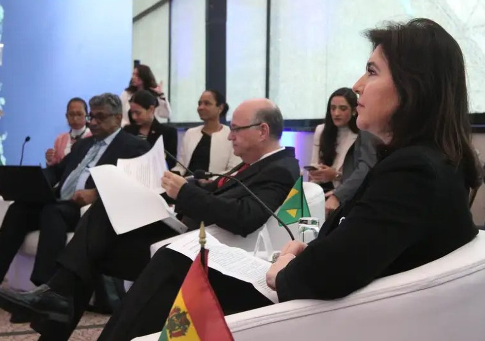 Ministra do Planejamento e Orçamento, Simone Tebet, participa de encontro durante a reunião anual da Assembleia de Governadores do Banco Interamericano de Desenvolvimento (BID), em Punta Cana, República Dominicana — Foto: Divulgação/Ministério do Planejamento e Orçamento