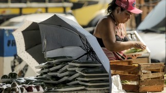Os comerciantes usam sombrinhas para proteger produtos do sol no Ceasa-RJ — Foto: Gabriel de Paiva / Agência O Globo