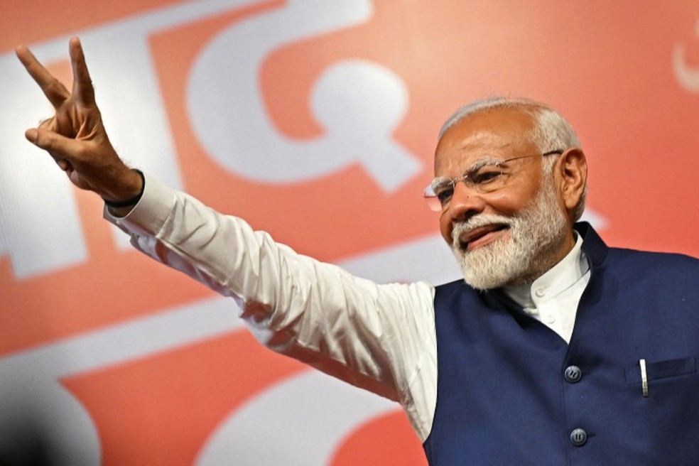 O premier indiano, Narendra Modi, após a vitória nas eleições do país — Foto: Money SHARMA / AFP