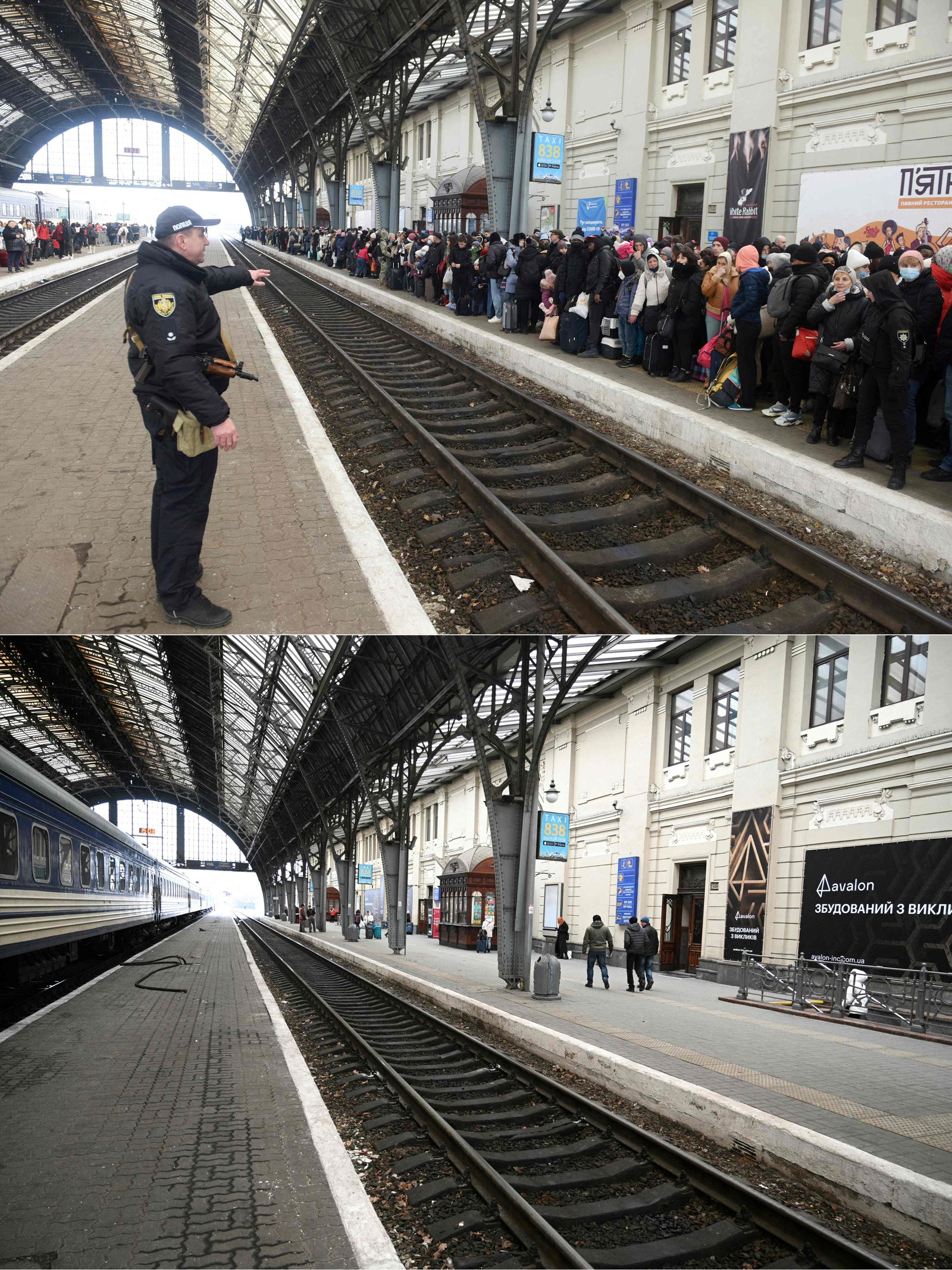 06/02/2022: Acima, ucranianos em Lviv aguardam por trem com destino a Polônia. 06/02/2024: Abaixo, a plataforma nos dias atuais— Foto: YURIY DYACHYSHYN