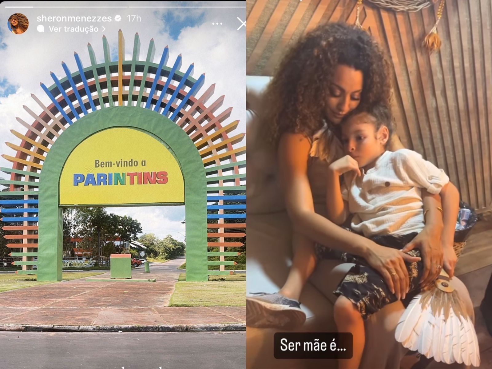 Protagonista da novela "Vai na fé", Sheron Menezzes também chegou em Parintins e levou o filho para o festival — Foto: Reprodução/Instagram