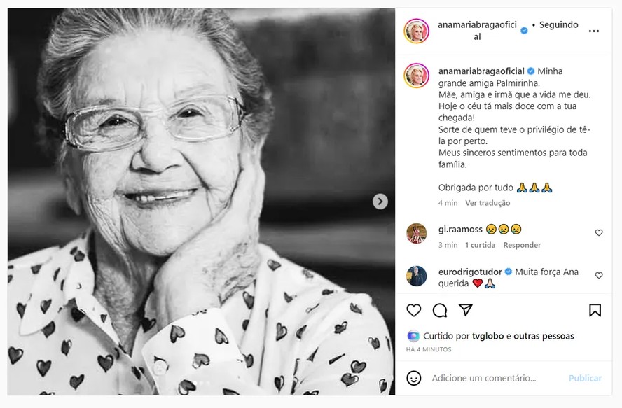 Post de Ana Maria Braga em homenagem a Palmirinha