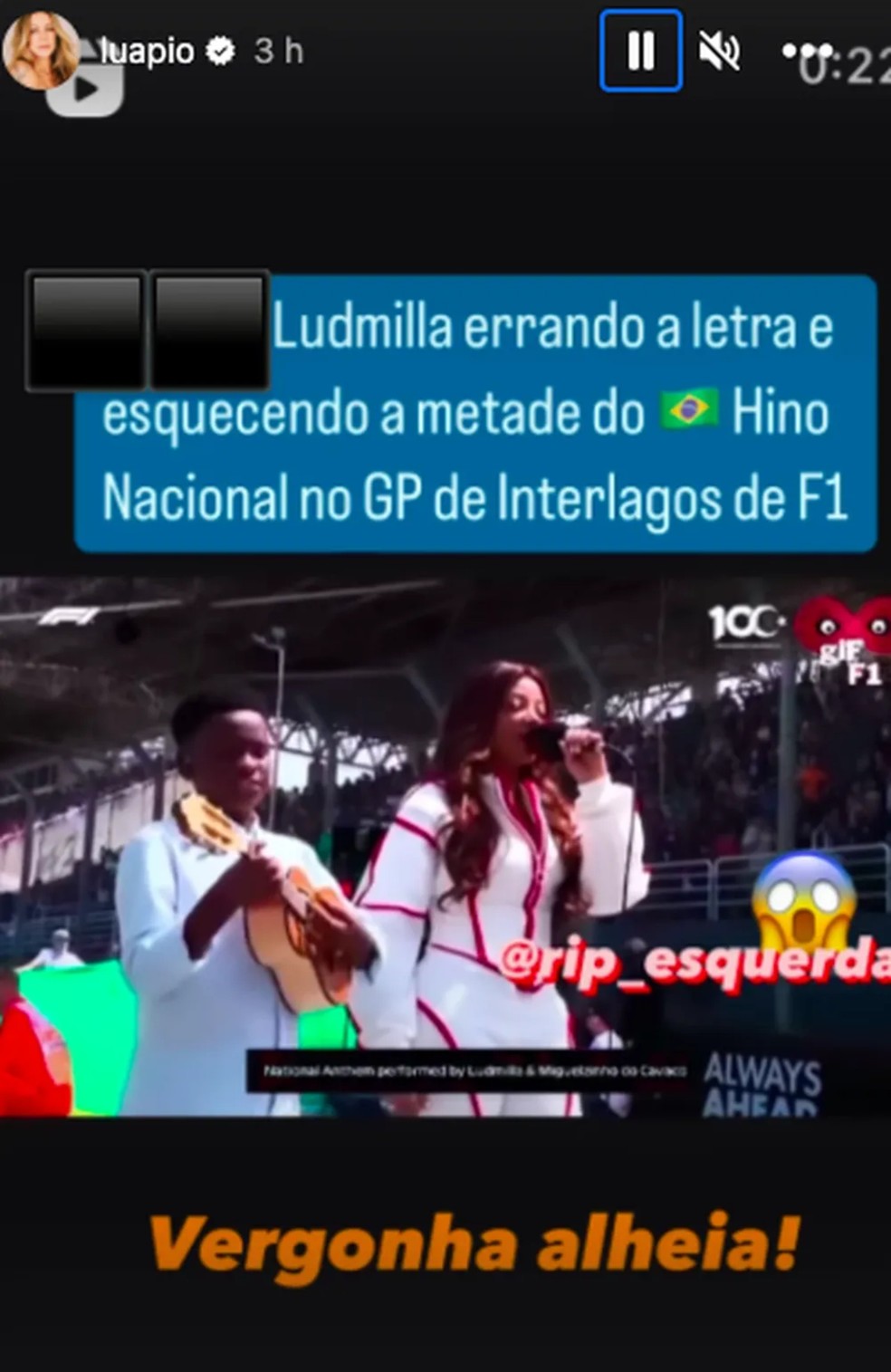 Luana Piovani compartilhou vídeo da performance de Ludmilla — Foto: Reprodução Instagram