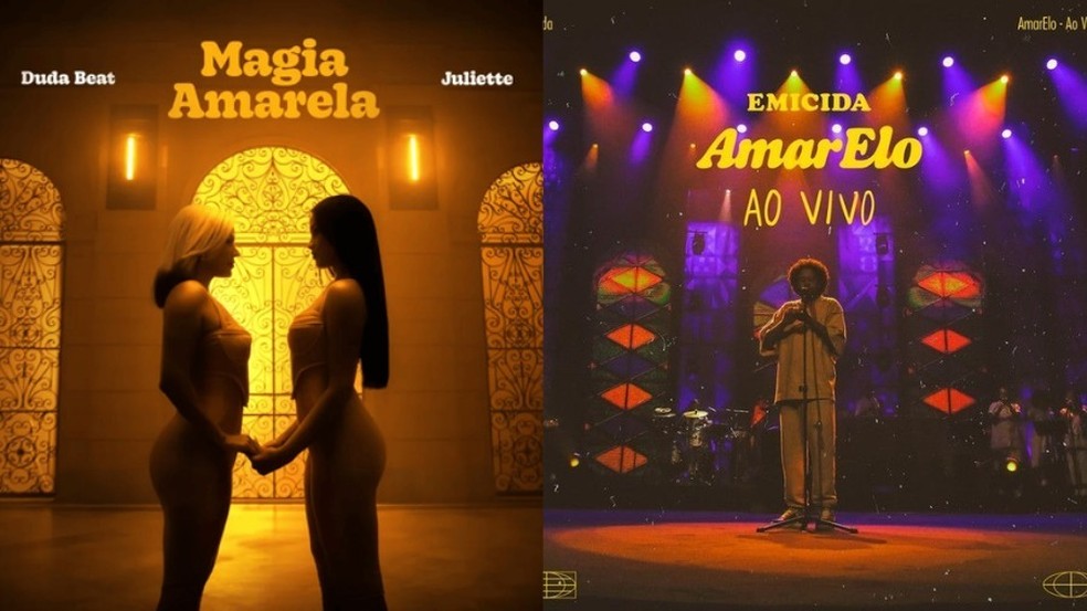 Lado a lado: as capas de divulgação de 'Magia amarela, de Duda Beat e Juliete, e 'AmarElo', de Emicida — Foto: Divulgação