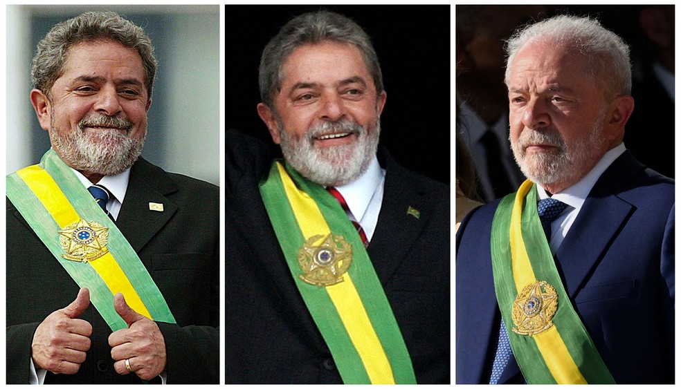 Lula com a mesma faixa nas três ocasiões em que foi empossado presidente — Foto: AFP