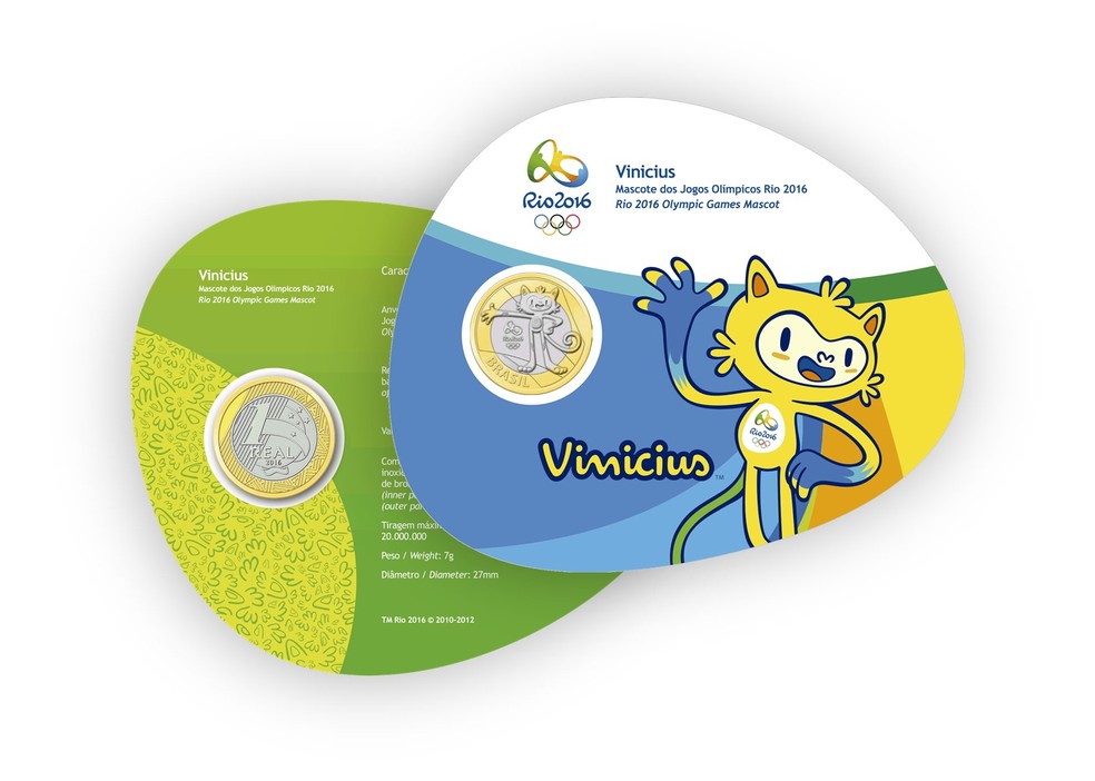 A moeda com o mascote Vinicius desenhado no verso foi vendida pela Casa da Moeda por R$ 13,00 nesta cartela — Foto: Reprodução/Banco Central do Brasil