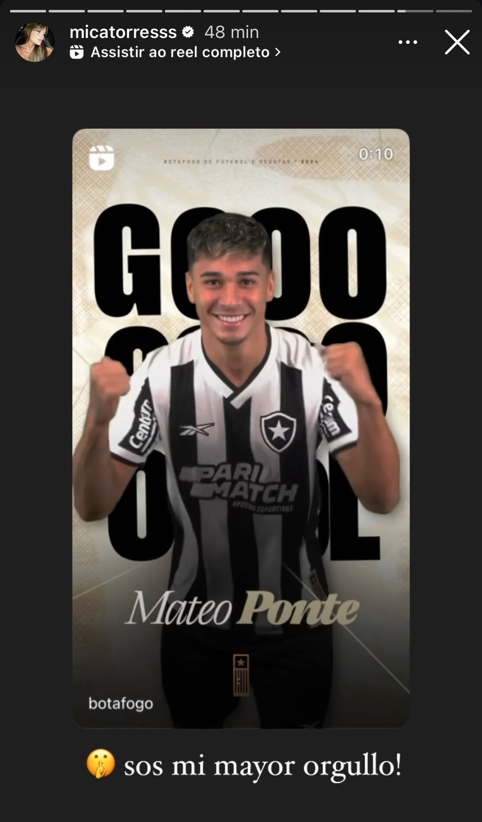 Namorada de Mateo Ponte se derrete nas redes sociais, após gol da vitória marcado por seu companheiro — Foto: Reprodução Instagram