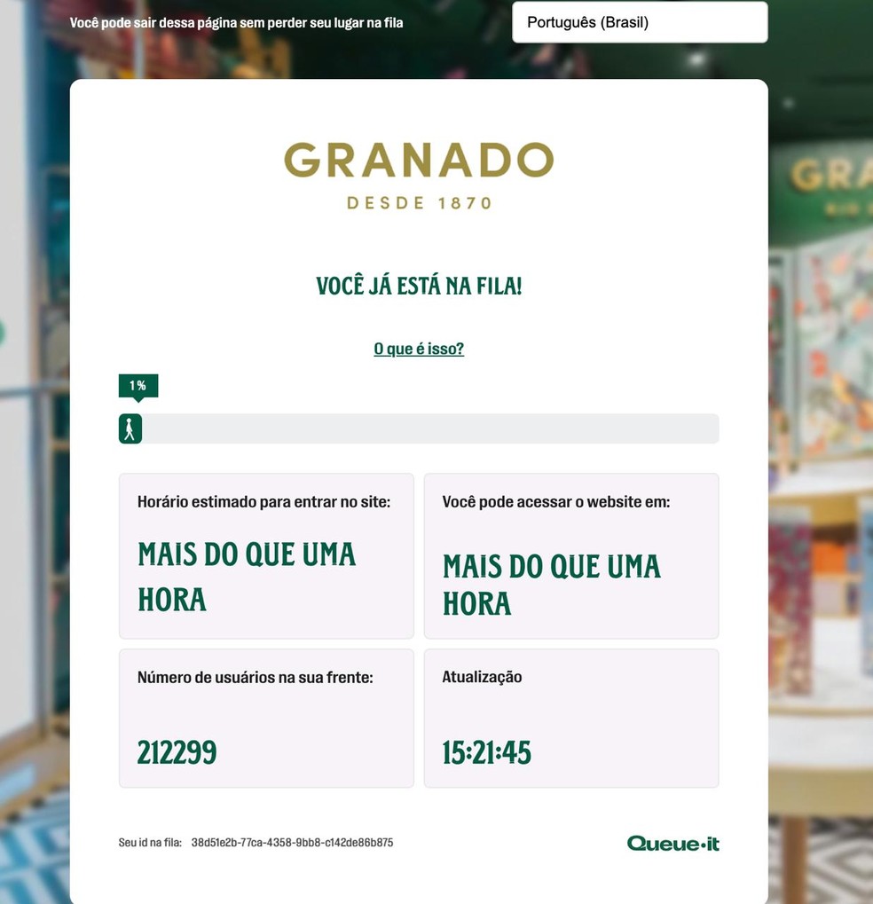 Fila do site da Granado mostra tempo de espera em 'mais do que uma hora' e cerca de 212 mil usuários aguardando — Foto: Captura de tela