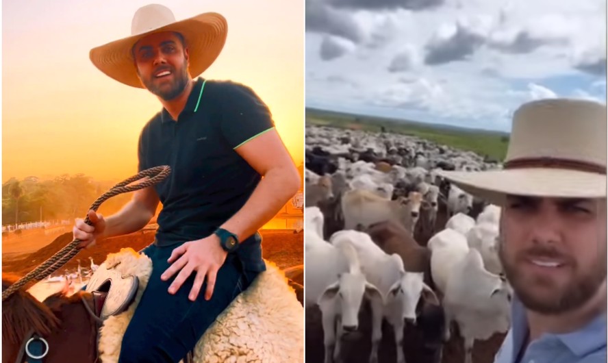 Zé Neto a cavalo e com o gado da raça Nelore de sua Fazenda Paraíso, em Tocantins