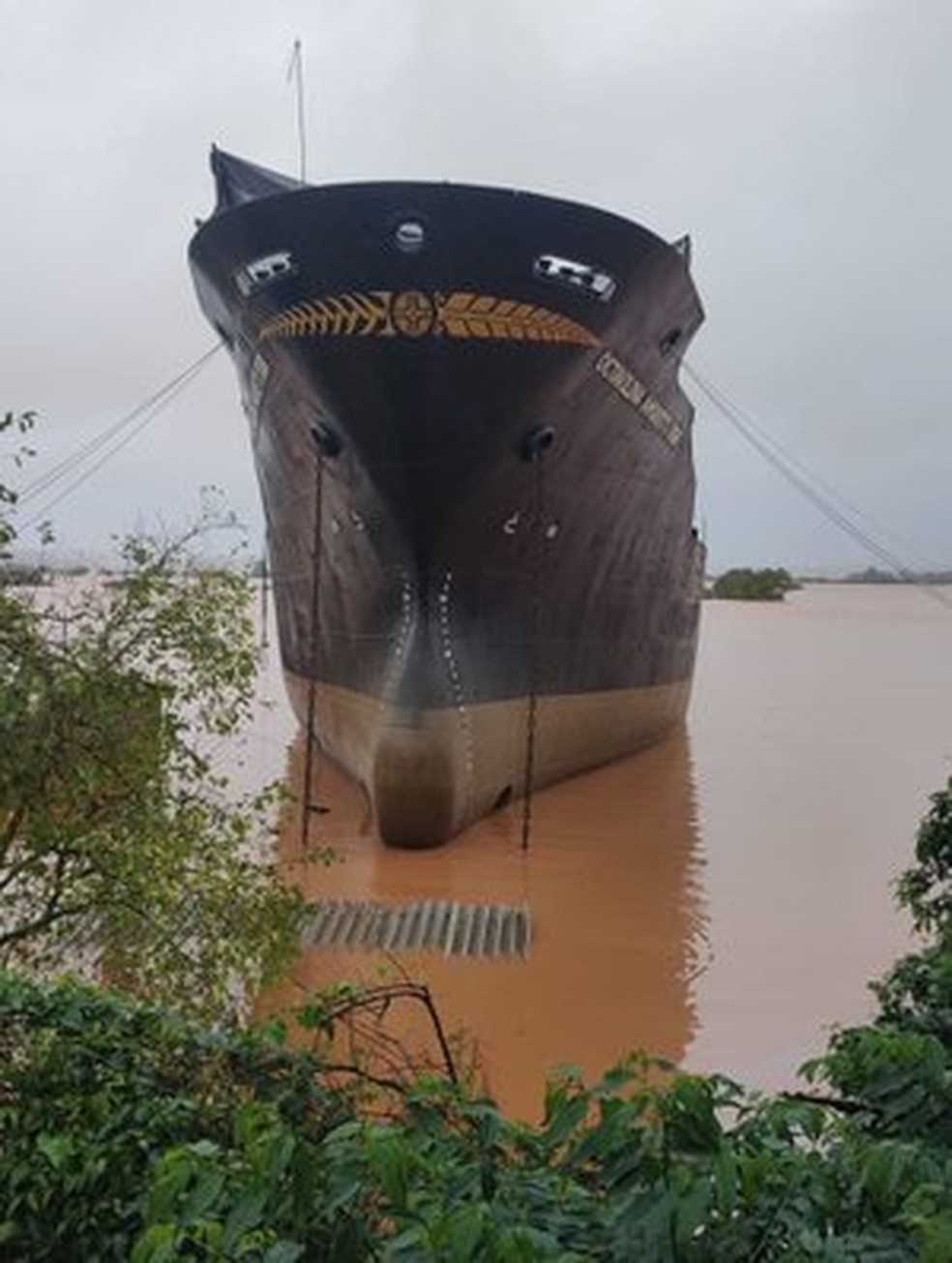 Navio chegou ao telhado do estaleiro — Foto: Reprodução