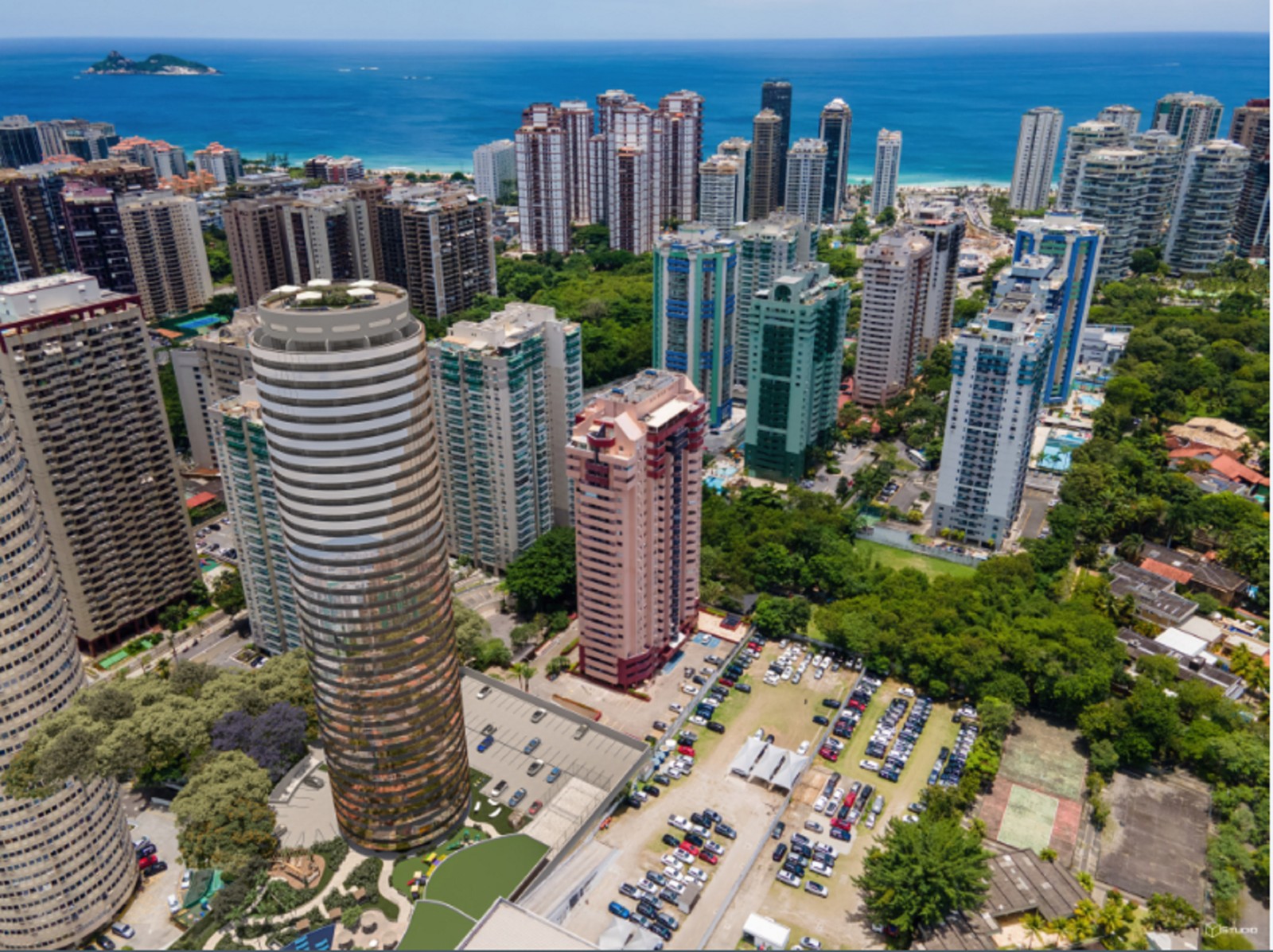 Vista aérea do Niemeyer 360°, na Barra da Tijuca. Obras estão em curso, e o imóvel deve ser entregue em dezembro de 2025 — Imagem: Divulgação / Capital 1
