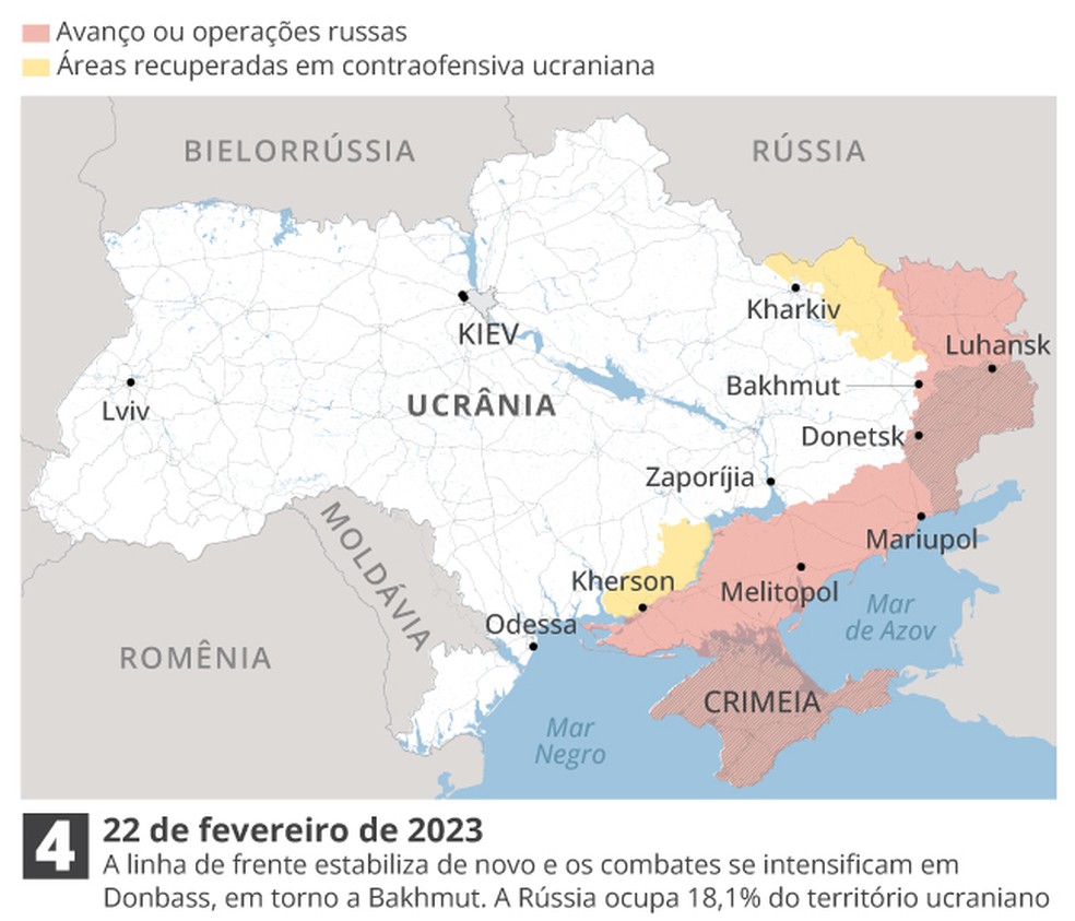 Mapa mostra o cenário atual do conflito militar entre Ucrânia e Rússia — Foto: Editoria Arte O Globo