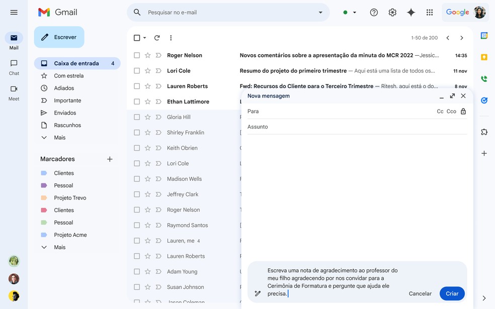 Exemplo de como a IA irá aparecer no Gmail — Foto: Reprodução/Google