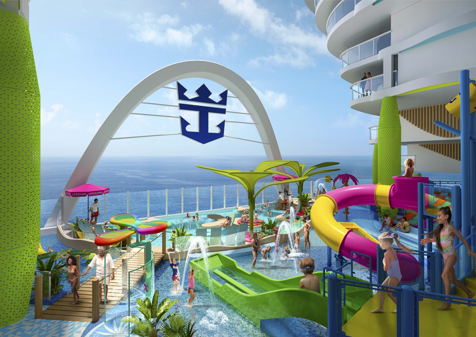 O 'bairro' Surfside ficará na popa do Icon of the Seas e terá também uma área com piscina para as famílias e parquinho aquático para as crianças menores — Foto: Divulgação