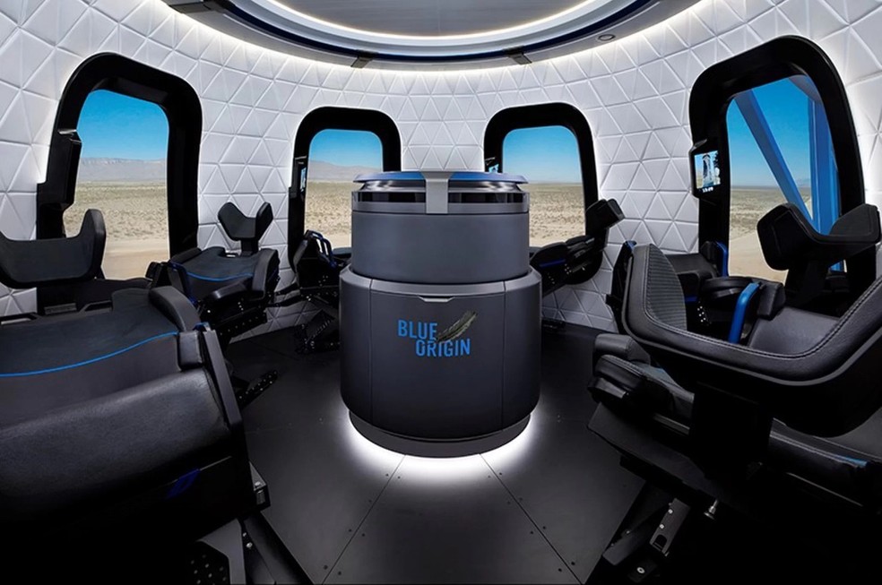 Cápsula de testes da empresa Blue Origin para turismo espacialDivulgaçãp — Foto: PR/Divulgaçãp