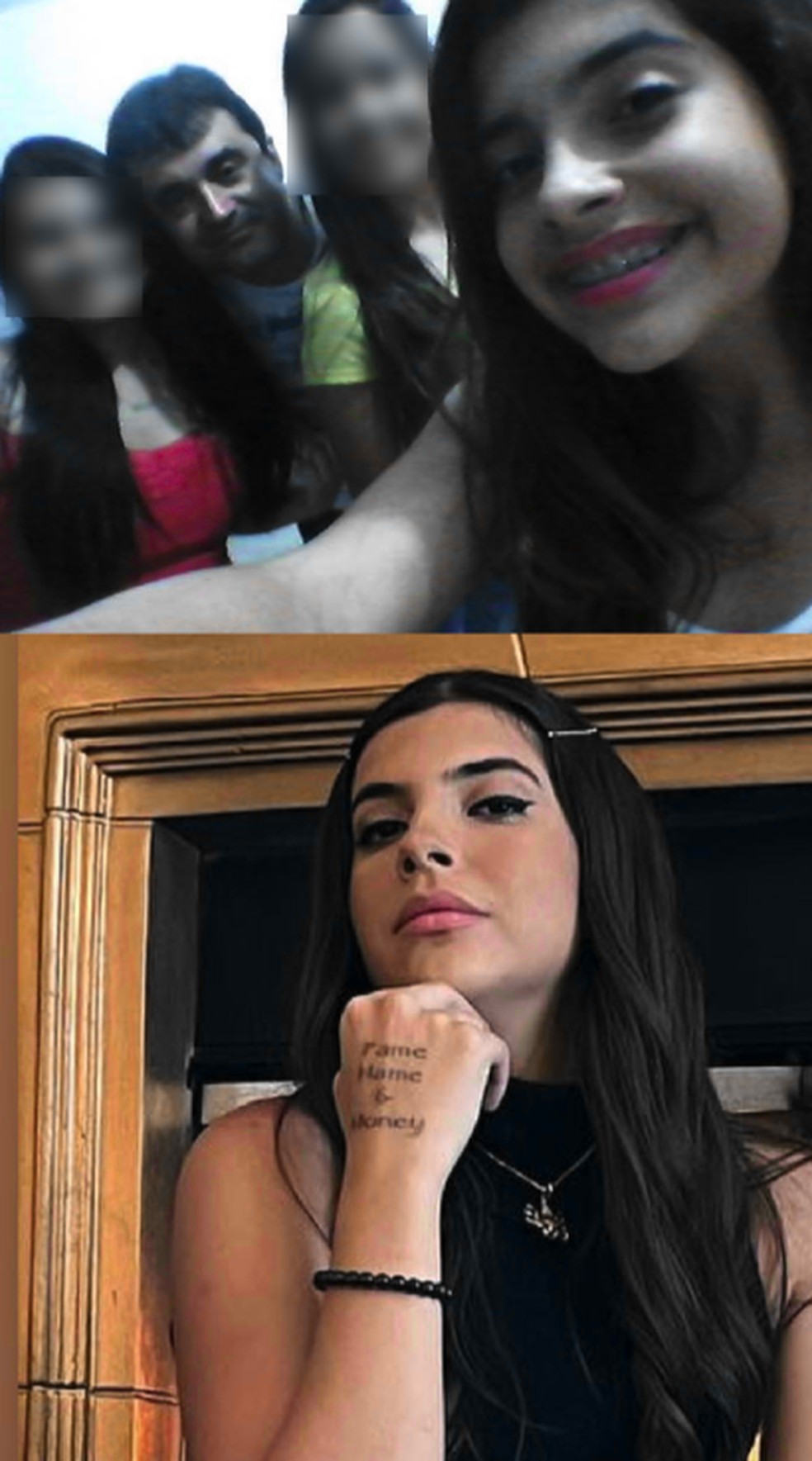 Antes e depois: Letícia, ainda adolescente, ao lado das irmãs e do pai; abaixo, ela já vivendo com Kat Torres — Foto: Reprodução
