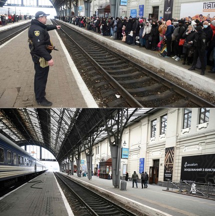 06/02/2022: Acima, ucranianos em Lviv aguardam por trem com destino a Polônia. 06/02/2024: Abaixo, a plataforma nos dias atuais— Foto: YURIY DYACHYSHYN