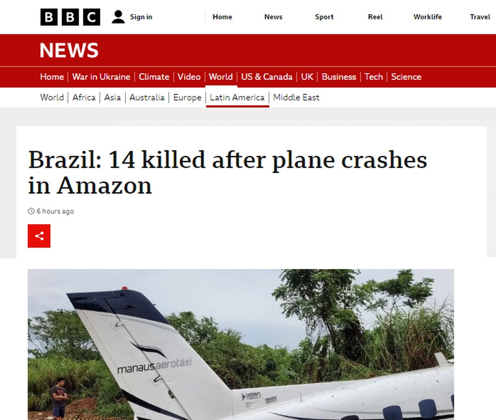 Imprensa internacional repercute acidente aéreo com 14 mortos no interior do Amazonas — Foto: Reprodução