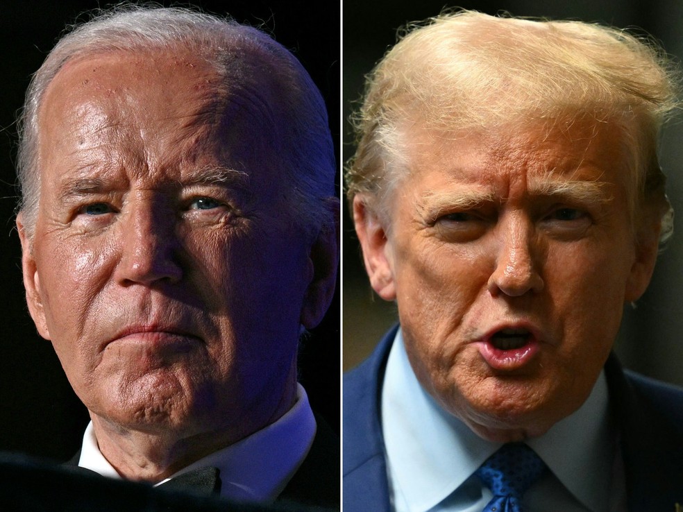 Biden e Trump concordaram em debater propostas para os EUA em encontros televisionados na eleição mais sensível aos mercados deste ano — Foto: Brendan Smialowski e Angela Weiss/AFP