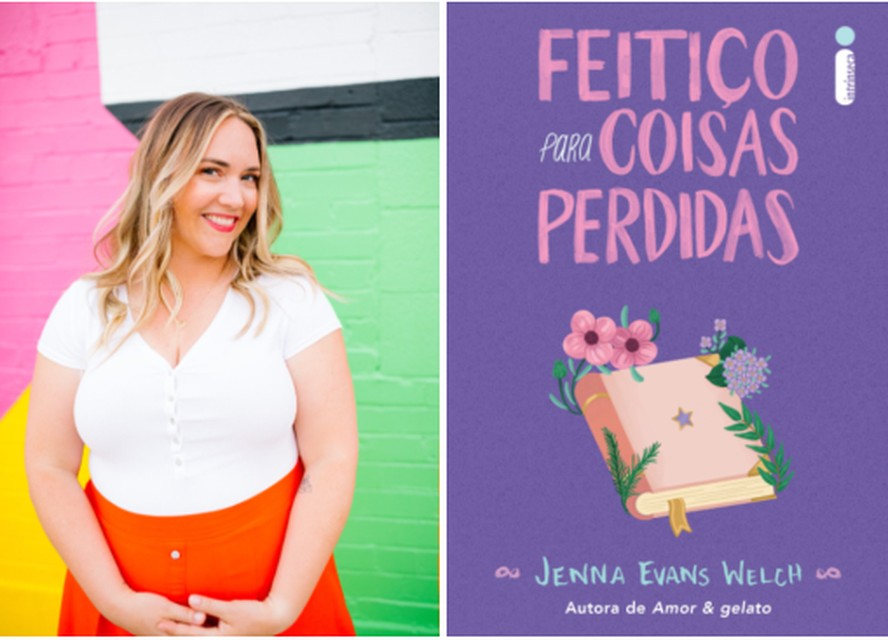 Escritora Jenna Evans Welch (à esquerda) e a capa de seu livro 'Feitiço para coisas perdidas', lançado em janeiro de 2023