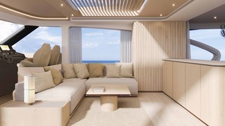 A embarcação conta com um amplo salão no deck principal, totalmente aberto, que possibilita maior conexão com o mar, assim como as grandes janelas — Foto: Divulgação