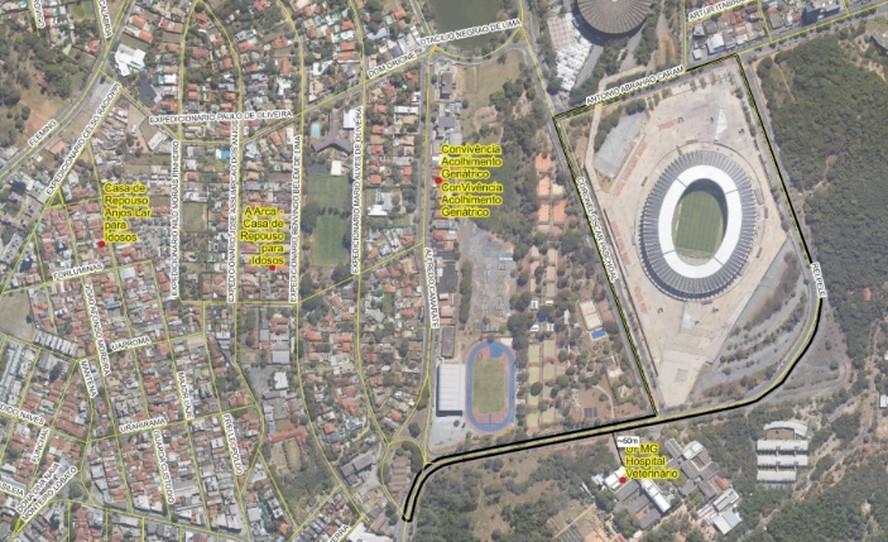 Mapa da prefeitura mostra região onde ocorrerá a prova e a localização do hospital da UFMG