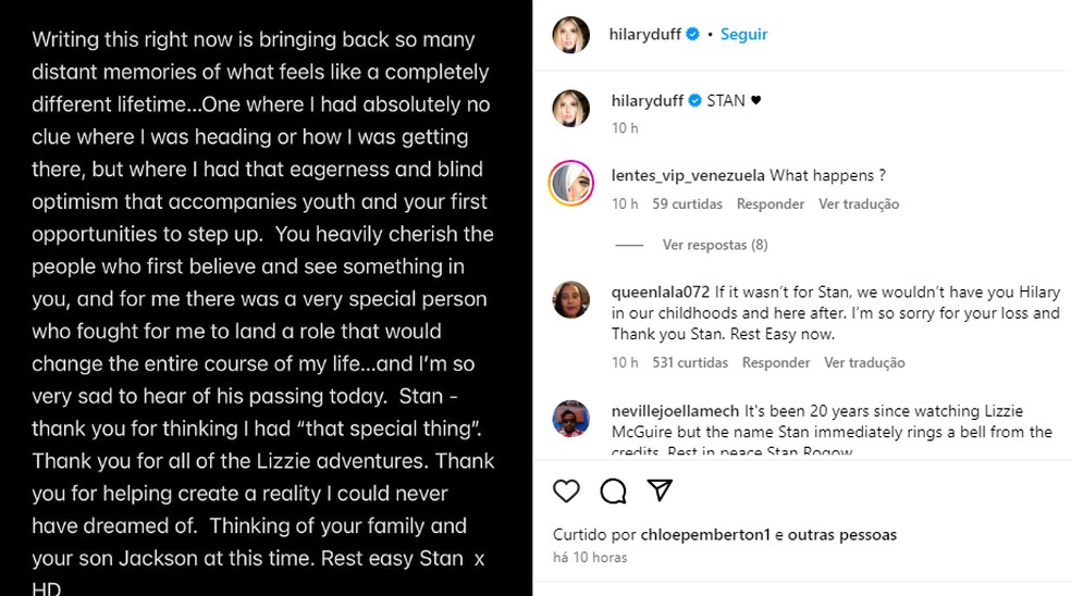 Hilary Duff se pronuncia após morte de produtor de ‘Lizzie McGuire’ Stan Rogow, aos 75 anos — Foto: Reprodução