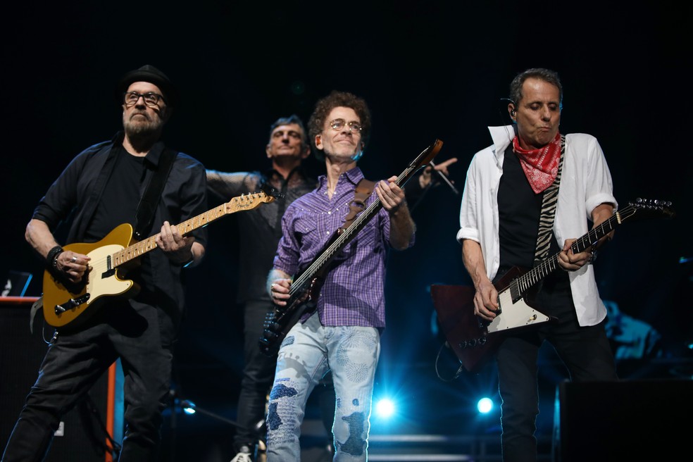 Titãs Encontro: Liminha, Paulo Miklos, Nando Reis e Tony Bellotto, na Jeunesse Arena, na Barra — Foto: Lucas Tavares