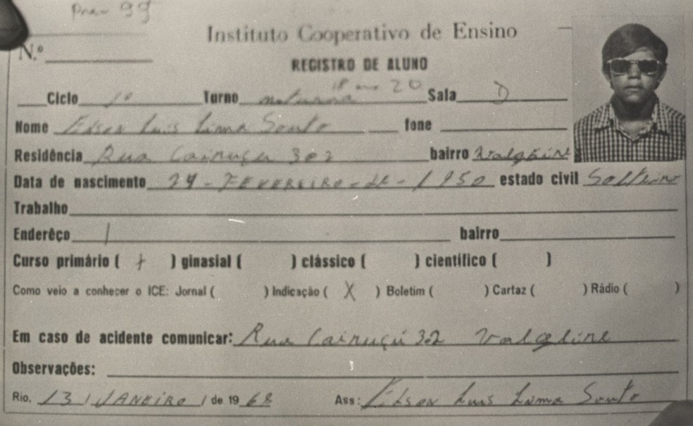 Registro estudantil de Edson Luís Lima Souto — Foto: Reprodução/Arquivo Nacional