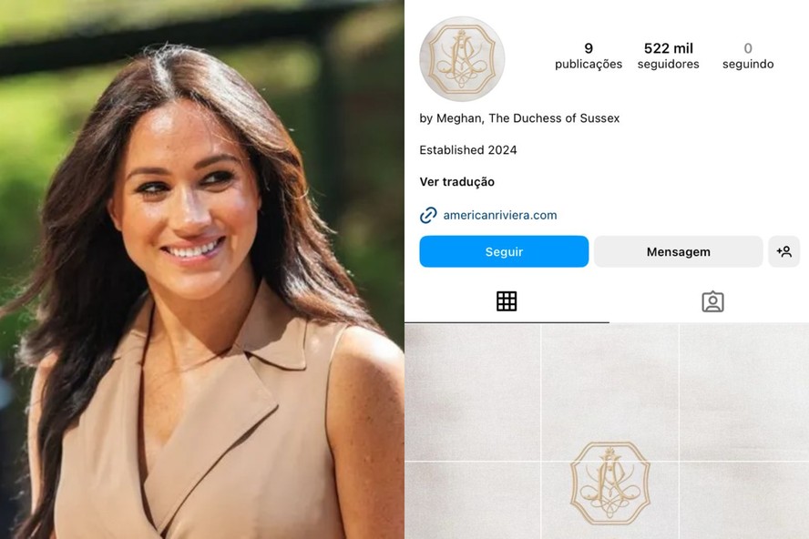 À esquerda, a duquesa Meghan Markle; à direita, seu novo perfil no Instagram