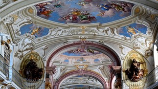 Os afrescos do século XVIII cobrem todo o teto do corredor principal da biblioteca da Abadia de Admont, na Áustria — Foto: Joe Klamar / AFP