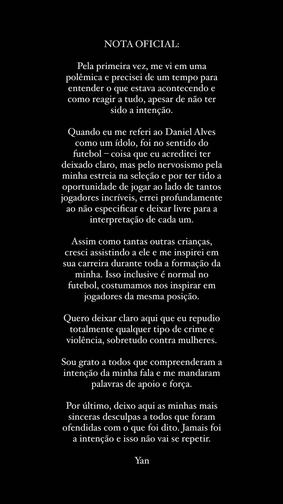 Yan Couto se desculpa após citar Daniel Alves como ídolo — Foto: Reprodução
