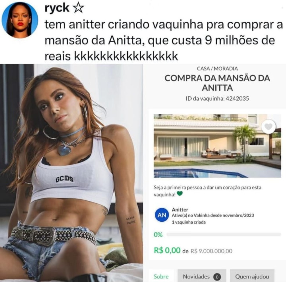 Fã de Anitta fez vaquinha para comprar mansão da cantora no Rio — Foto: Reprodução Instagram