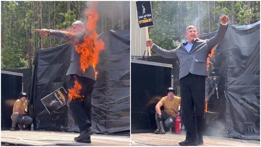 Dublê de Harrison Ford entrou no palco com o terno em chamas em apoio a greve de atores