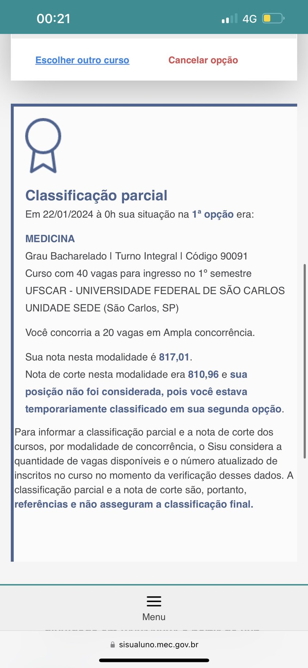 Nota de Giovanna Souza é maior que a de corte da primeira opção, mas candidata é alocada na segunda opção — Foto: Reprodução