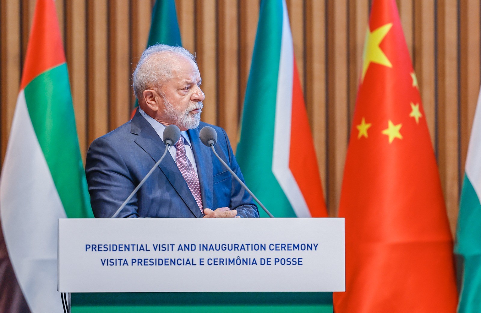 Presidente Luiz Inácio Lula da Silva discursa durante cerimônia de posse da ex-presidente Dilma Rousseff no comando do Banco dos Brics — Foto: Ricardo Stuckert