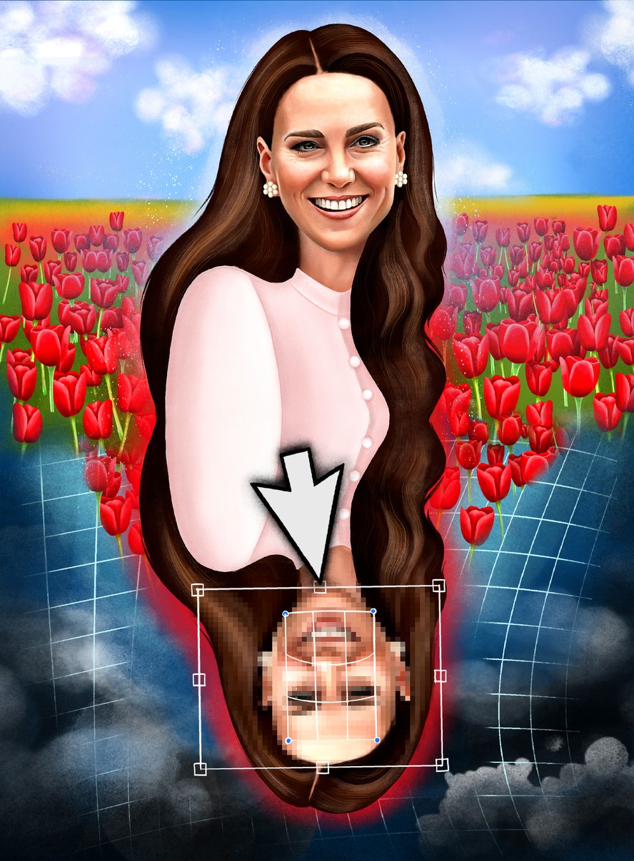 Montagem com desenho de Kate Middleton